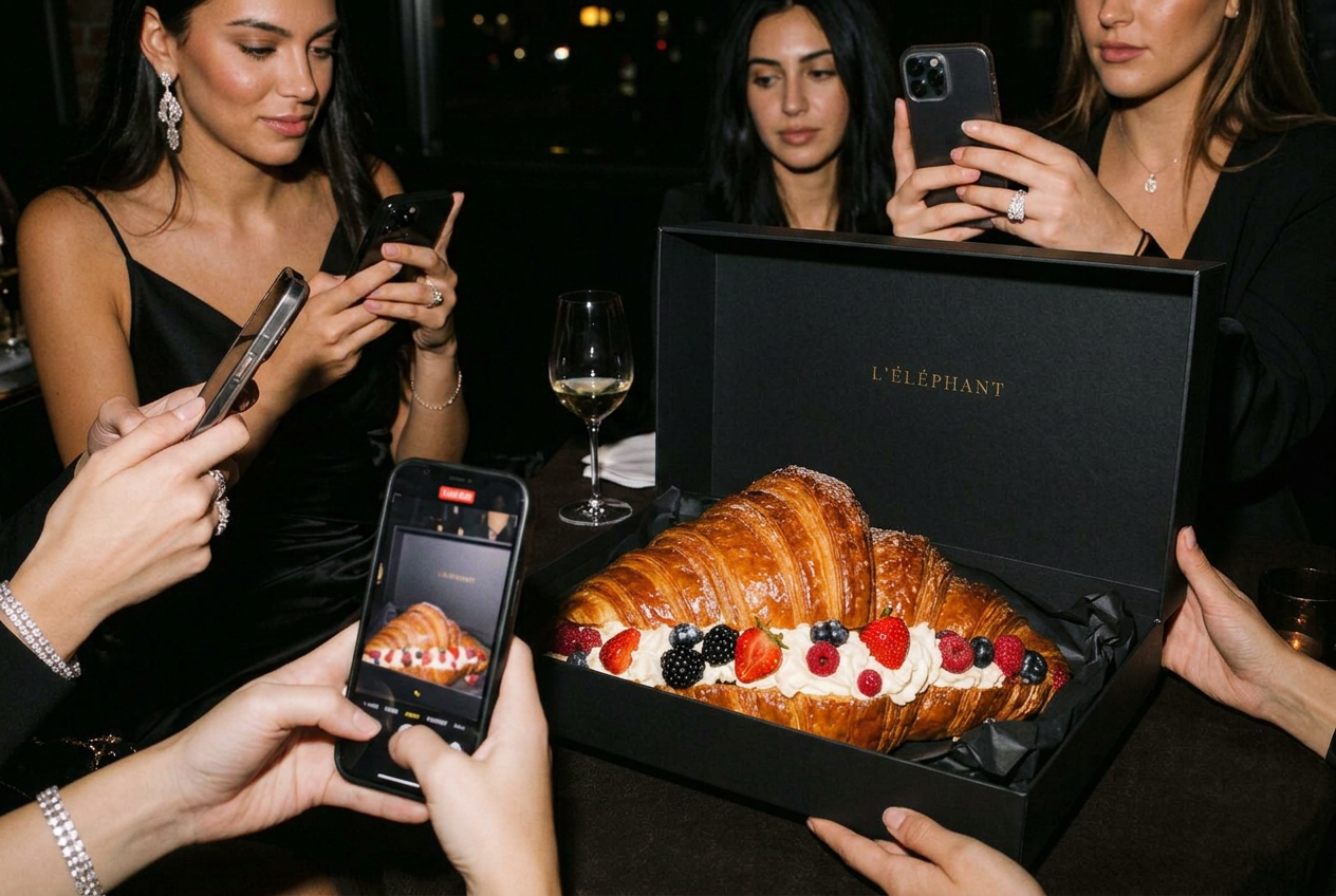 Guests in black dresses filming the open L'Éléphant box on a restaurant table